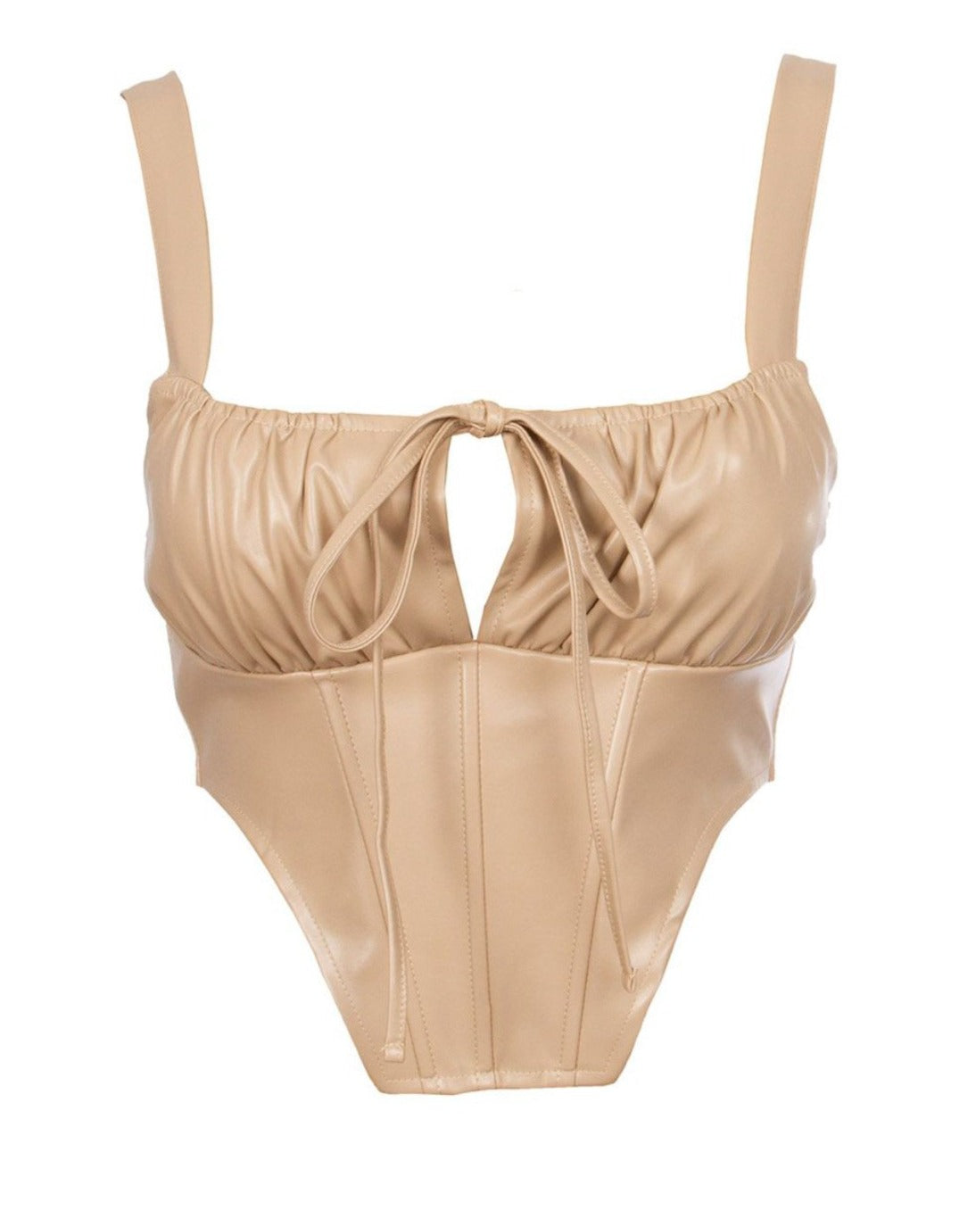the stylish Liv Taupe Leather Corset Crop Top, showcasing its chic design and unique tie detail.