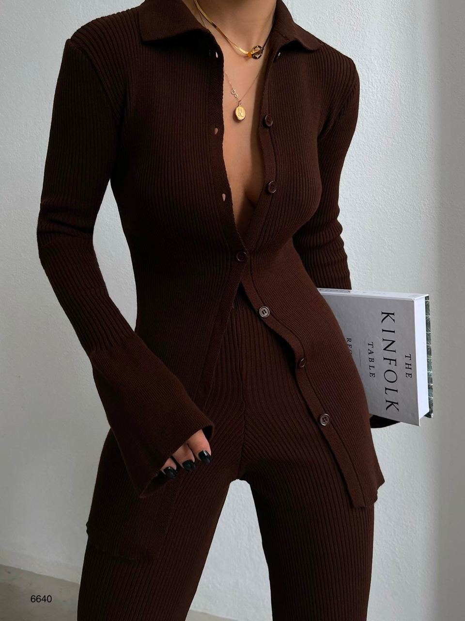Brown ribbed knit blouse and pants set with polo collar and wide leg hem slit
