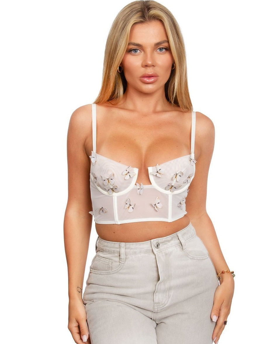 Sheer white crop top with 3D butterfly applique and underwire support