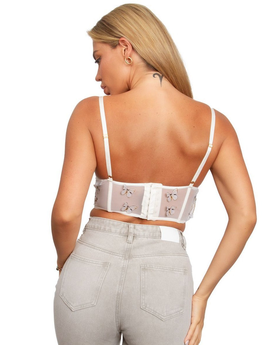 White mesh bra style crop top with butterfly applique detail