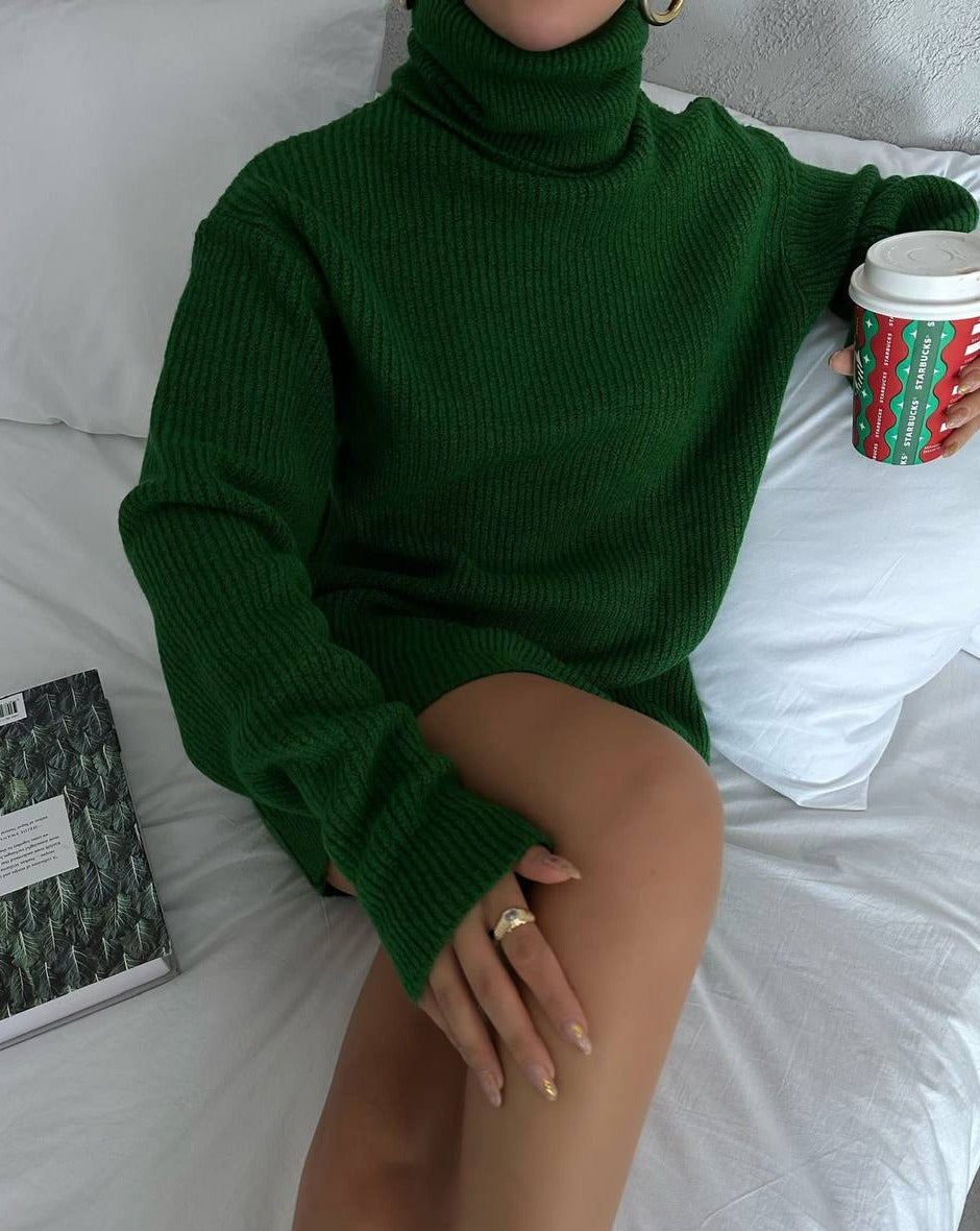 Long sleeve green sweater dress with turtle neck