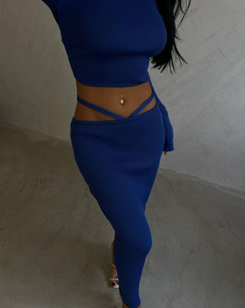 Stylish spring/summer outfit featuring Gisele Blue Knit Crop Top & Maxi Skirt Set