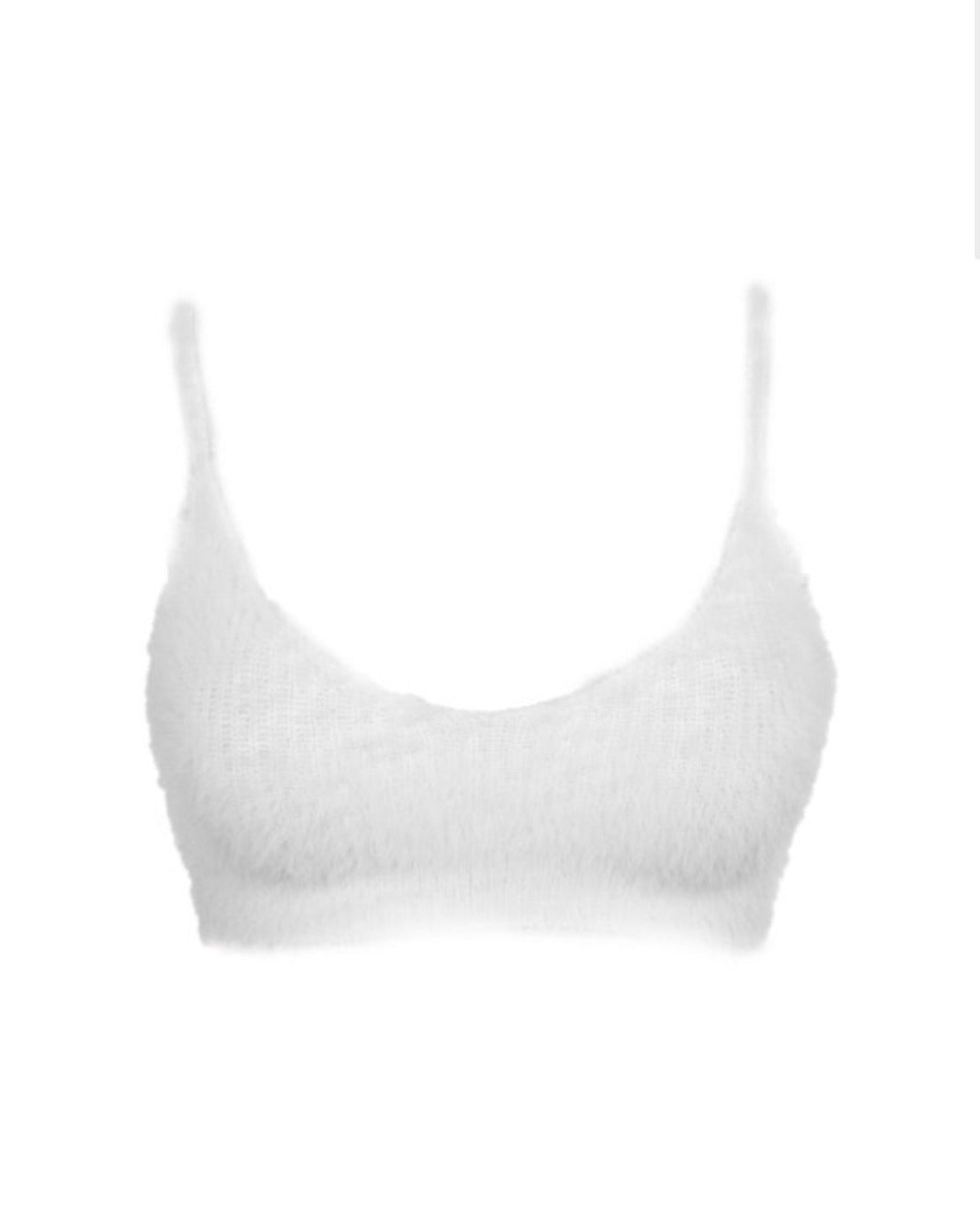 Close-up view of the delicate spaghetti straps and fuzzy material on the Gia White Crop Top, emphasizing its cozy design.