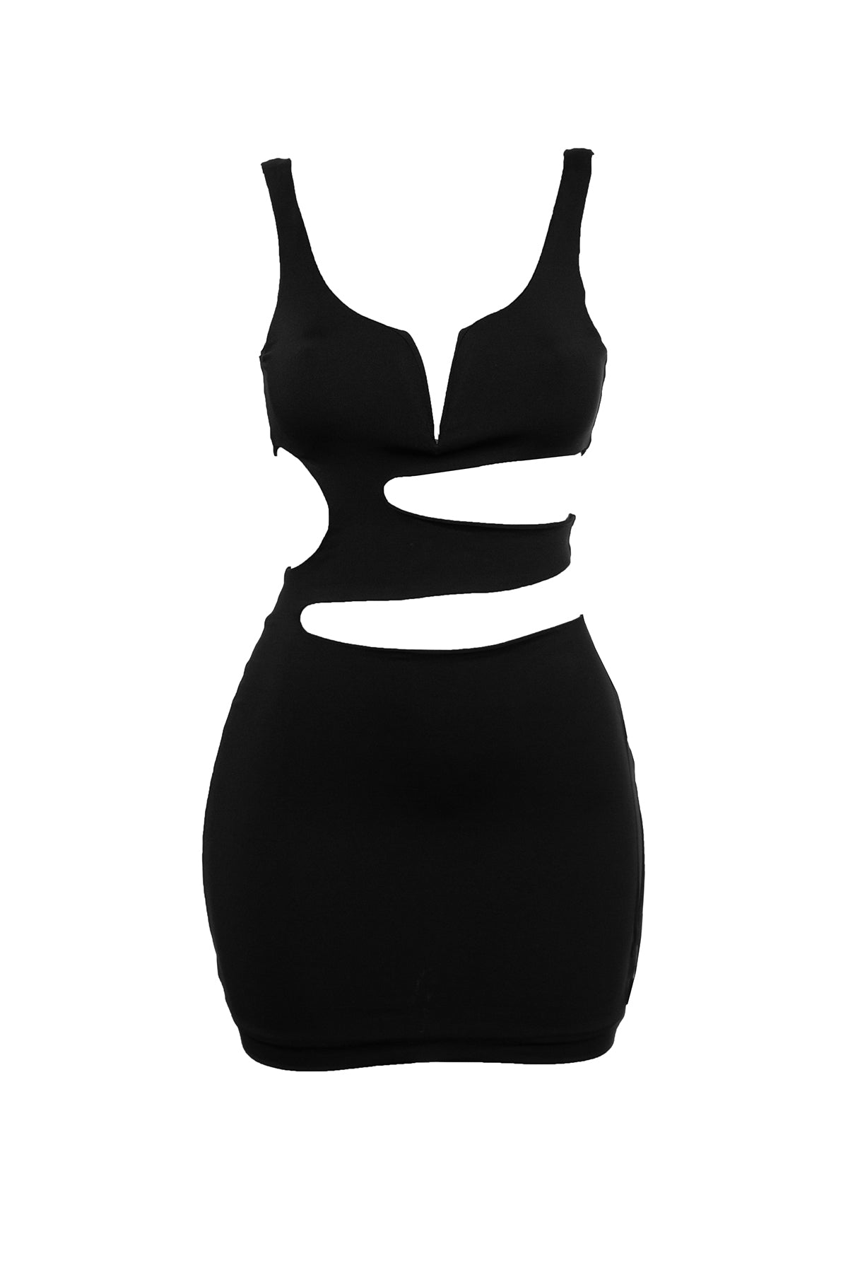 Close-up view of the side cutout detail on the Black Bodycon Mini Dress, emphasizing its stylish and alluring design.