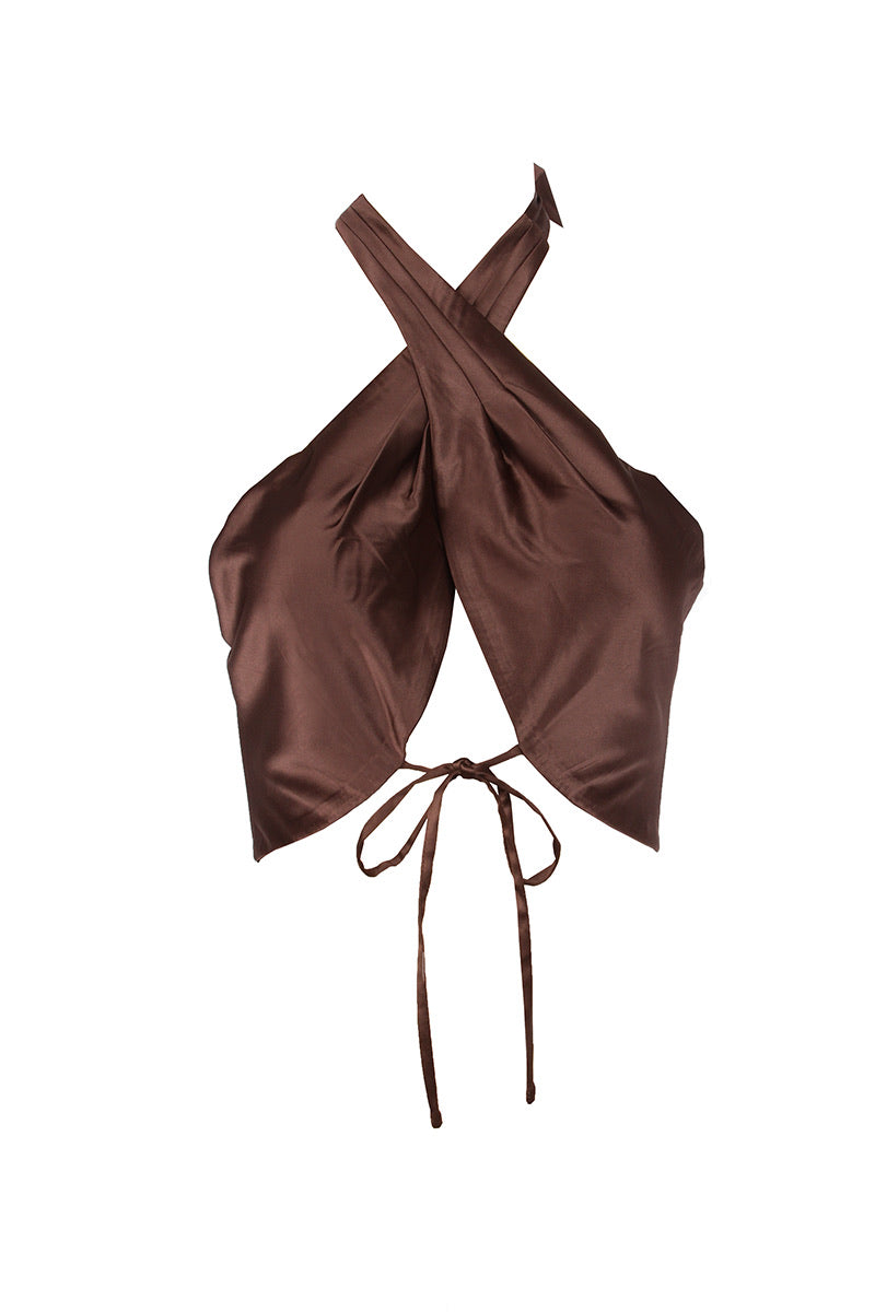 Trendy satin brown halter crop top for a fashionable, eye-catching outfit
