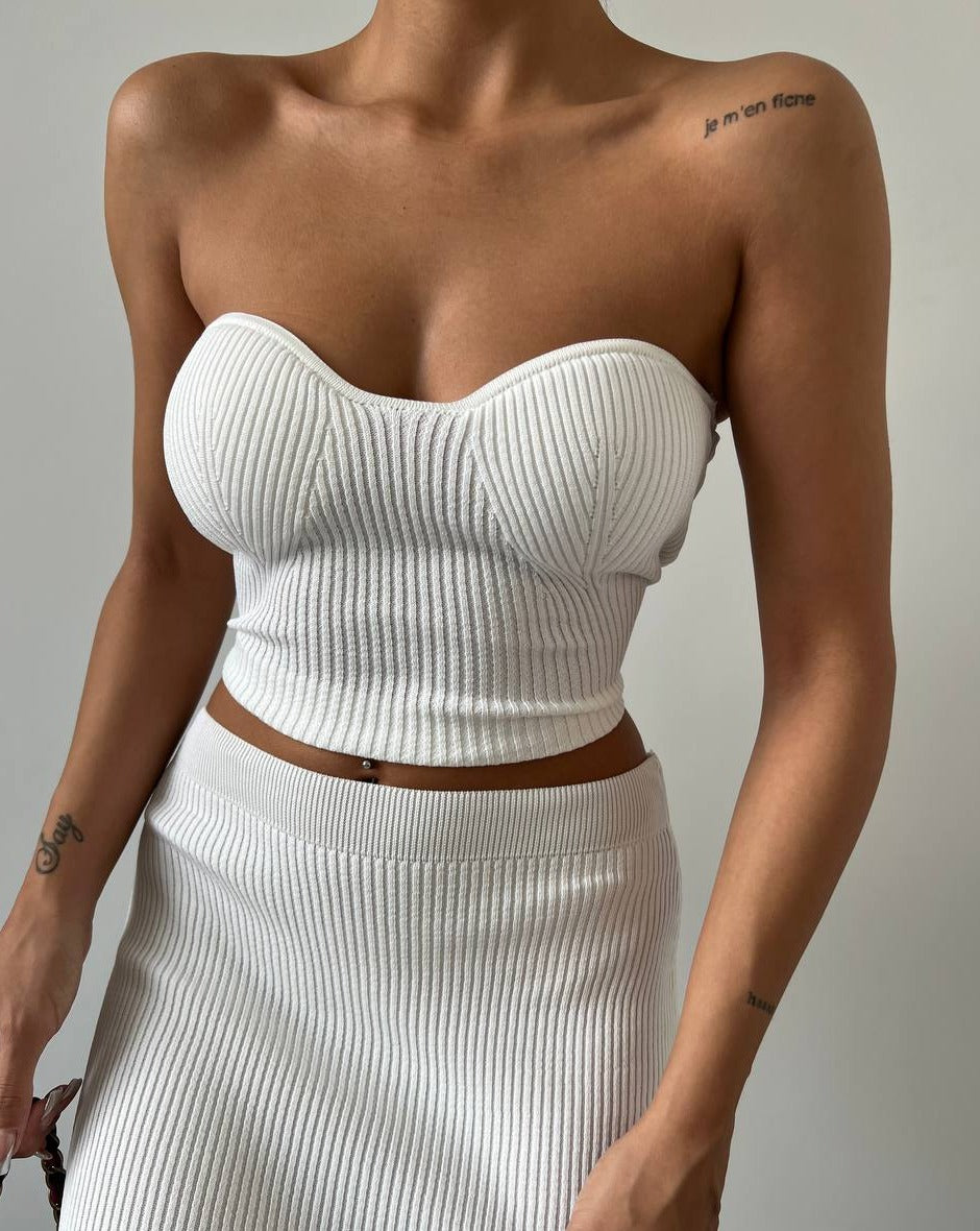 PRE-ORDER Val Knitted Two-Piece Crop Top and Midi Skirt Set - White