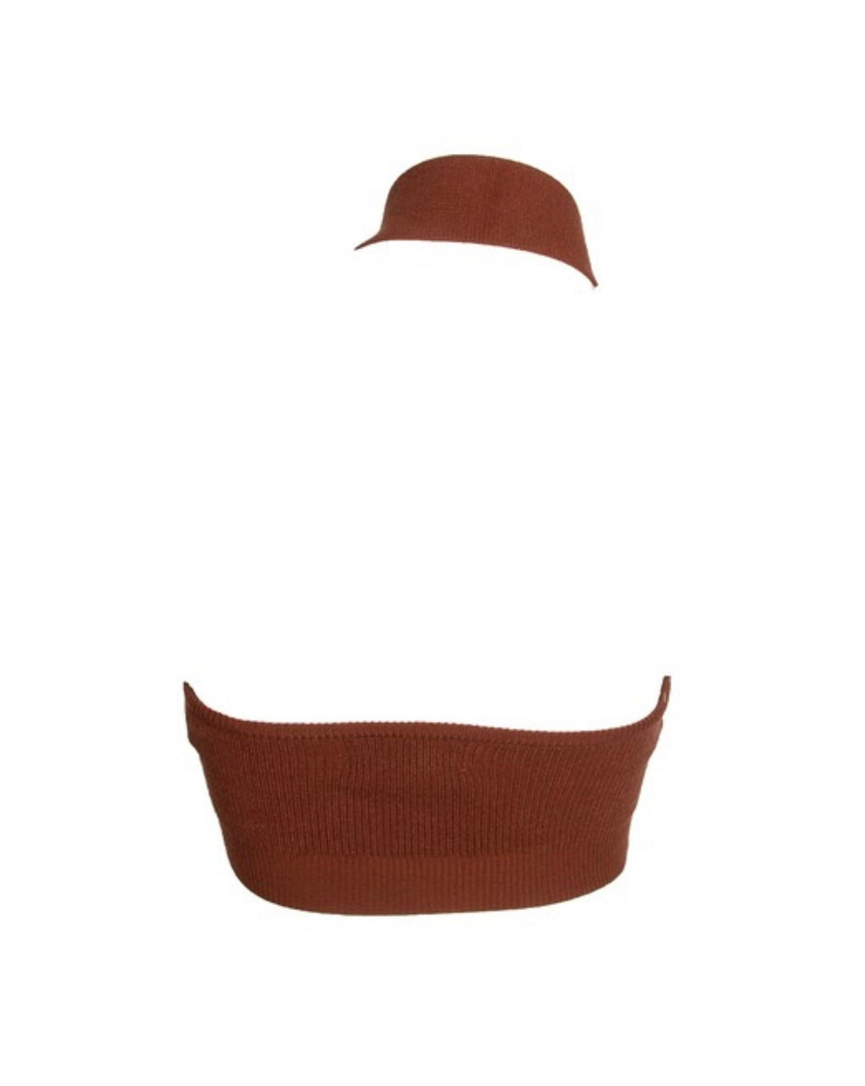 Close-up view of the halter twist detail on the Brown Rib Knit Crop Top, emphasizing its stylish and distinctive design.