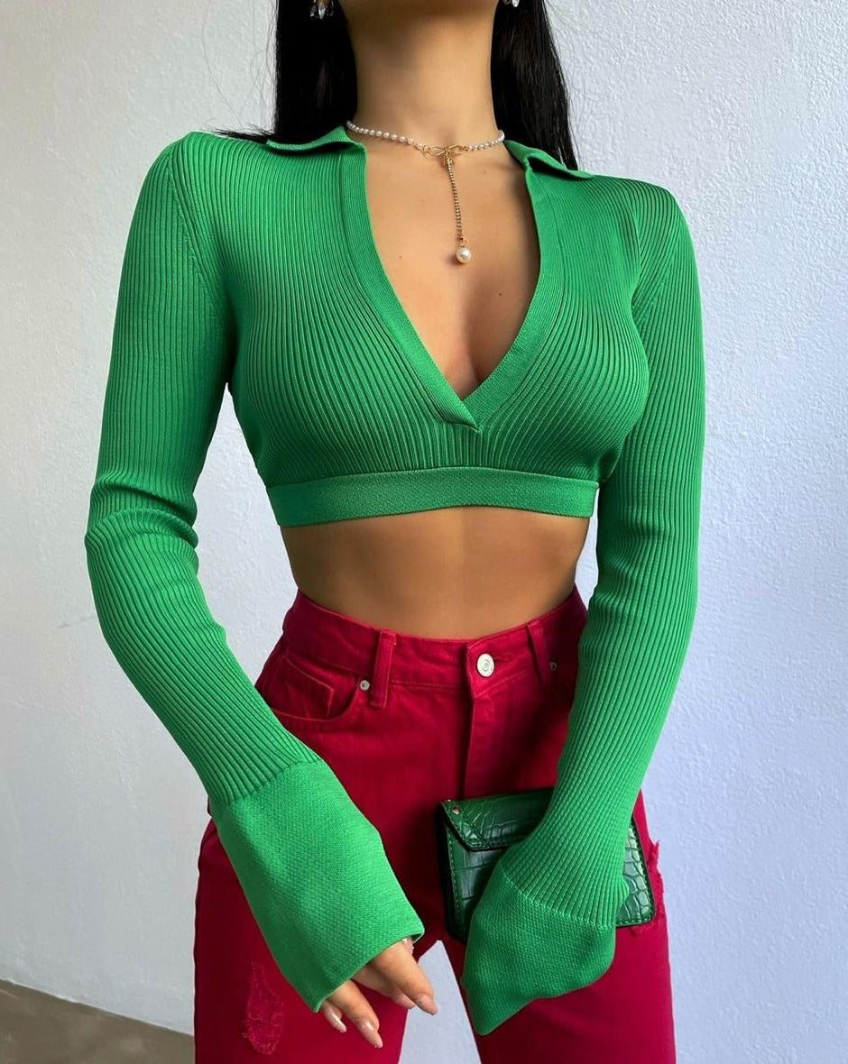 Side View of Ava Ribbed Green Long Sleeve Crop Top with Collar