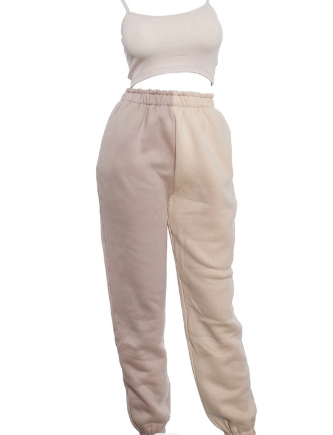 Close-up view of the Two-Tone Sweat Pant and Crop Rib Top Set, highlighting the unique two-tone design and cozy materials.