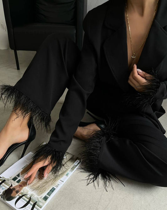 Emilia Feather Detail Blazer & Pant Set In Black