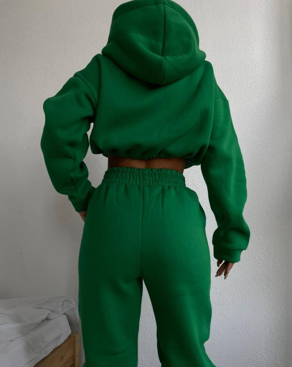 Stay cozy in style with the Yuri green sweat set including a hoodie and pull-on sweatpants