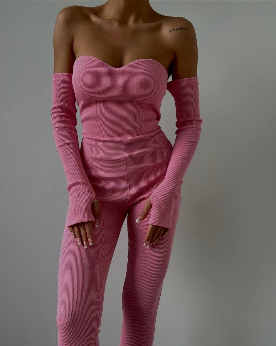 PRE-ORDER True Ribbed Off-Shoulder Full-Sleeve Jumpsuit - Pink