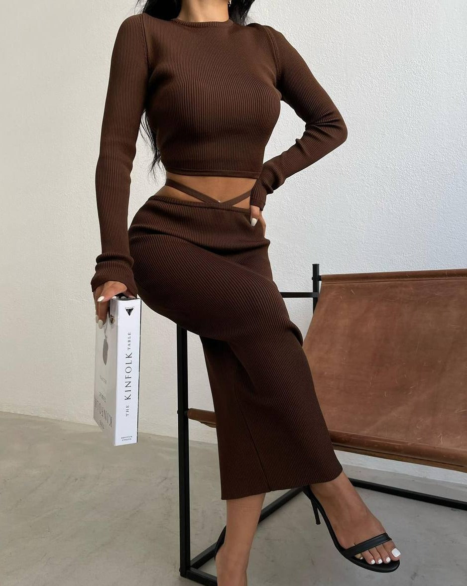 Woman wearing Gisele Brown Knit Co-ord Set with full-sleeve ribbed crop top and pencil maxi skirt