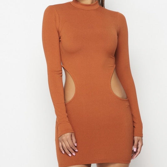 Model wearing the Take Control Tan Cut Out Detail Bodycon Mini Dress with Full Sleeves