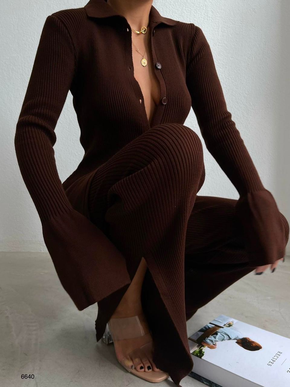 Eniko Brown Ribbed Knit Blouse & Pants Set - perfect for a chic and comfy look